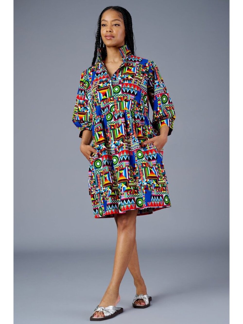🆕 The Oula Company Geometric Print Cotton Dress Pockets Small - Picture 2 of 16